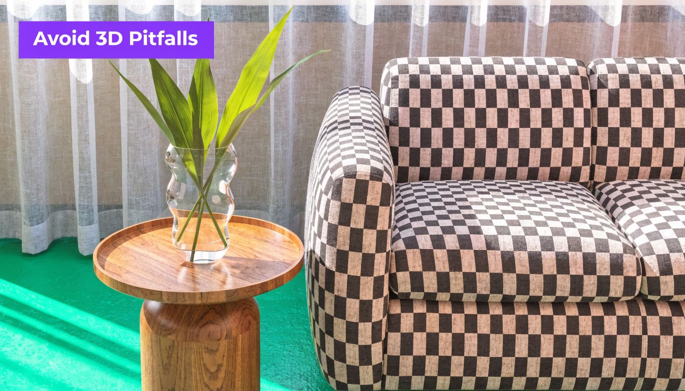 A wooden side table with a vase of green leaves next to a checkered sofa.
