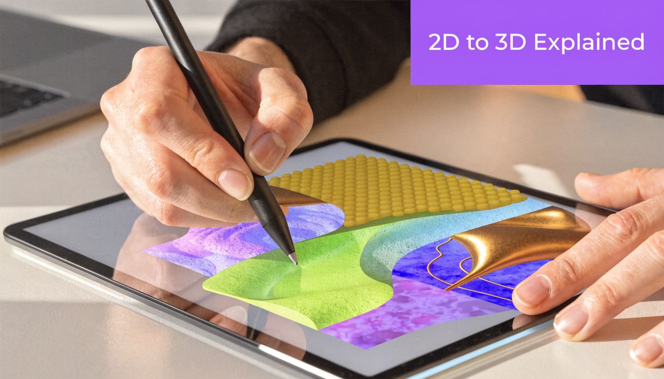A close-up of a person using a digital stylus on a tablet displaying 3D rendered abstract art.