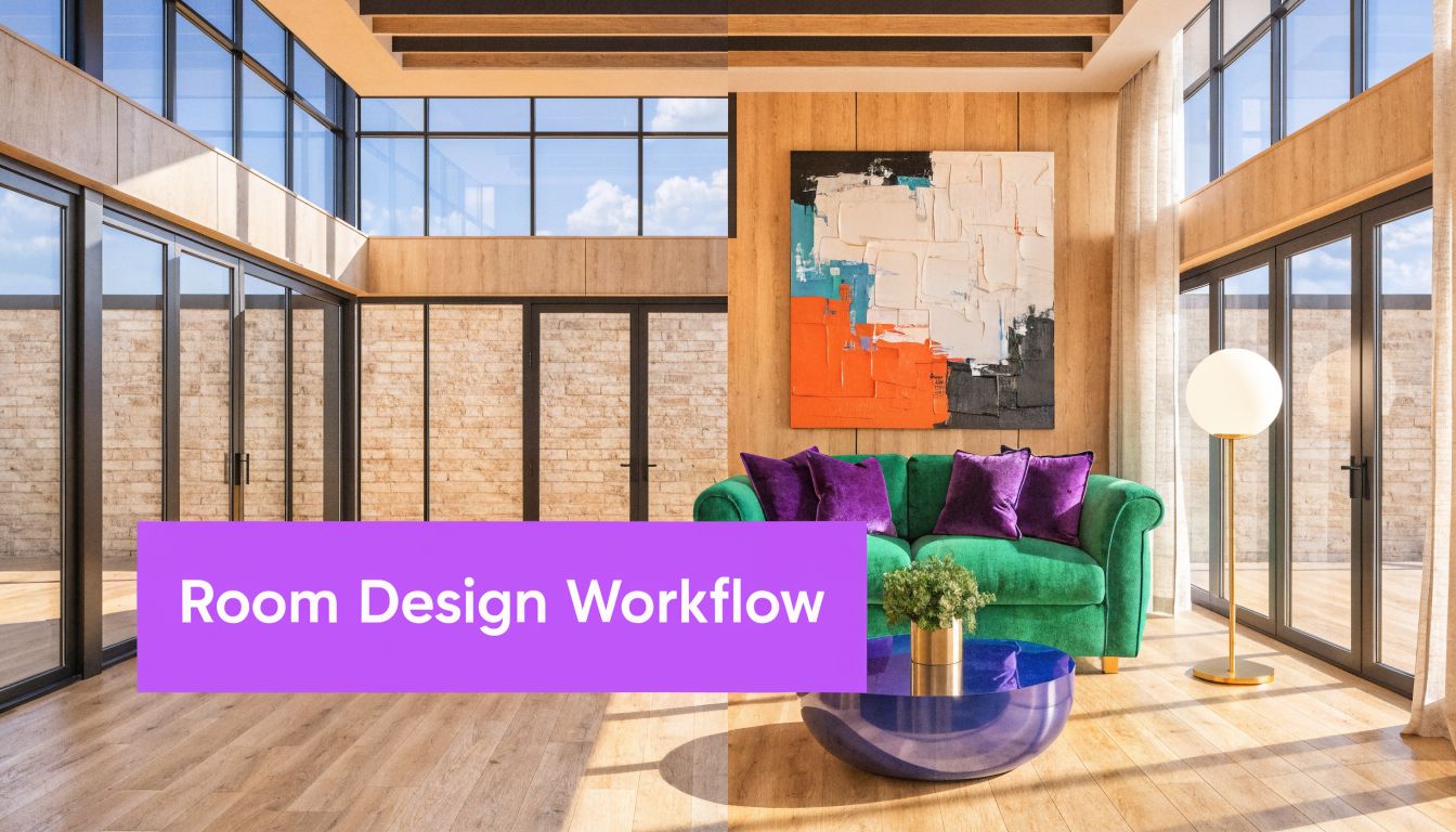 A luxurious modern living room with a bright green sofa, abstract art, and large glass windows.