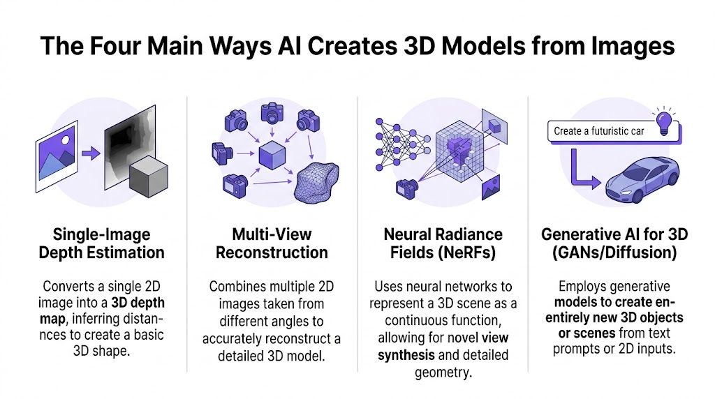An infographic showing the four main methods AI uses to create 3D models from 2D images.