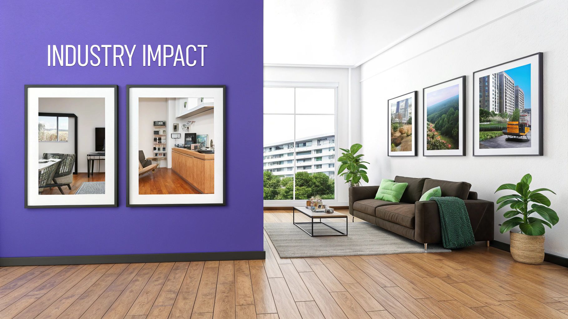 A modern living room with a brown sofa, green cushions, a window view, and framed art, next to a purple wall with 'INDUSTRY IMPACT' text.