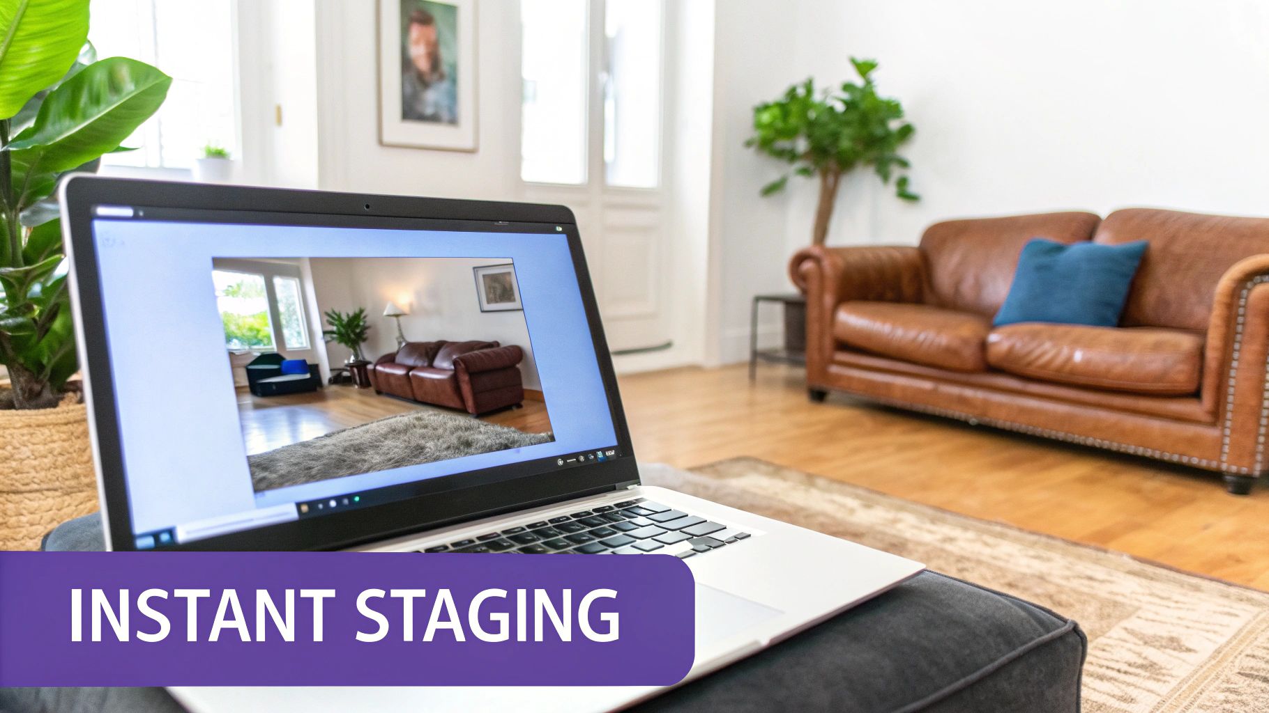 Laptop displaying an image of a staged living room, representing virtual staging services.