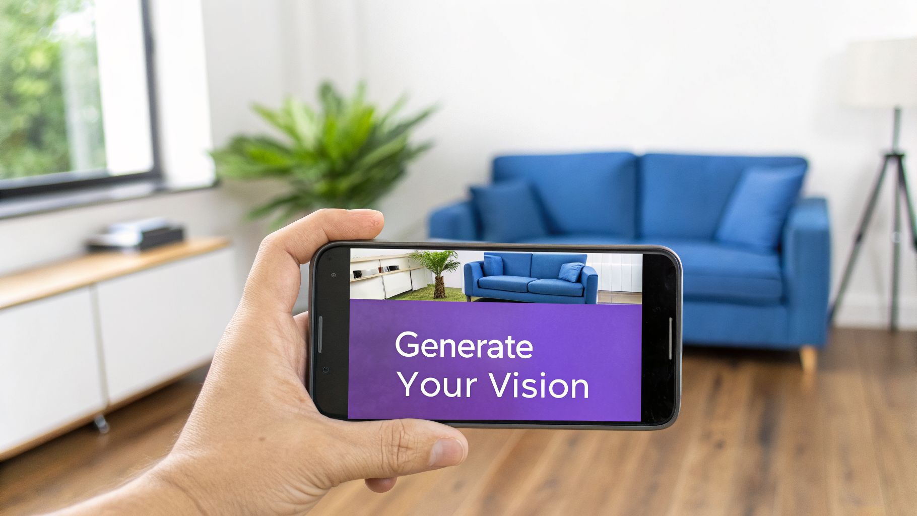A hand holds a smartphone showcasing a 3D interior design app in a modern living room.