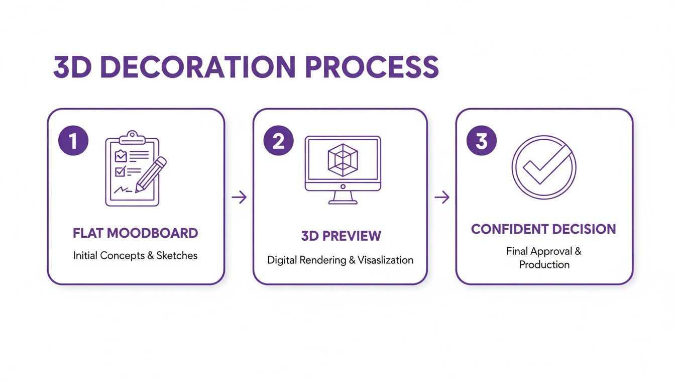 Infographic detailing the 3D decoration process, from initial mood board to 3D preview and final approval.