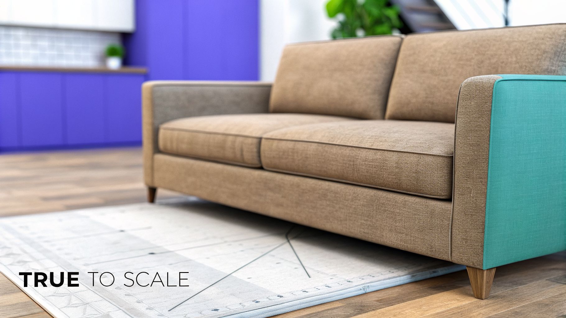 A contemporary brown sofa with a unique teal armrest rests on a patterned rug in a blurred room.