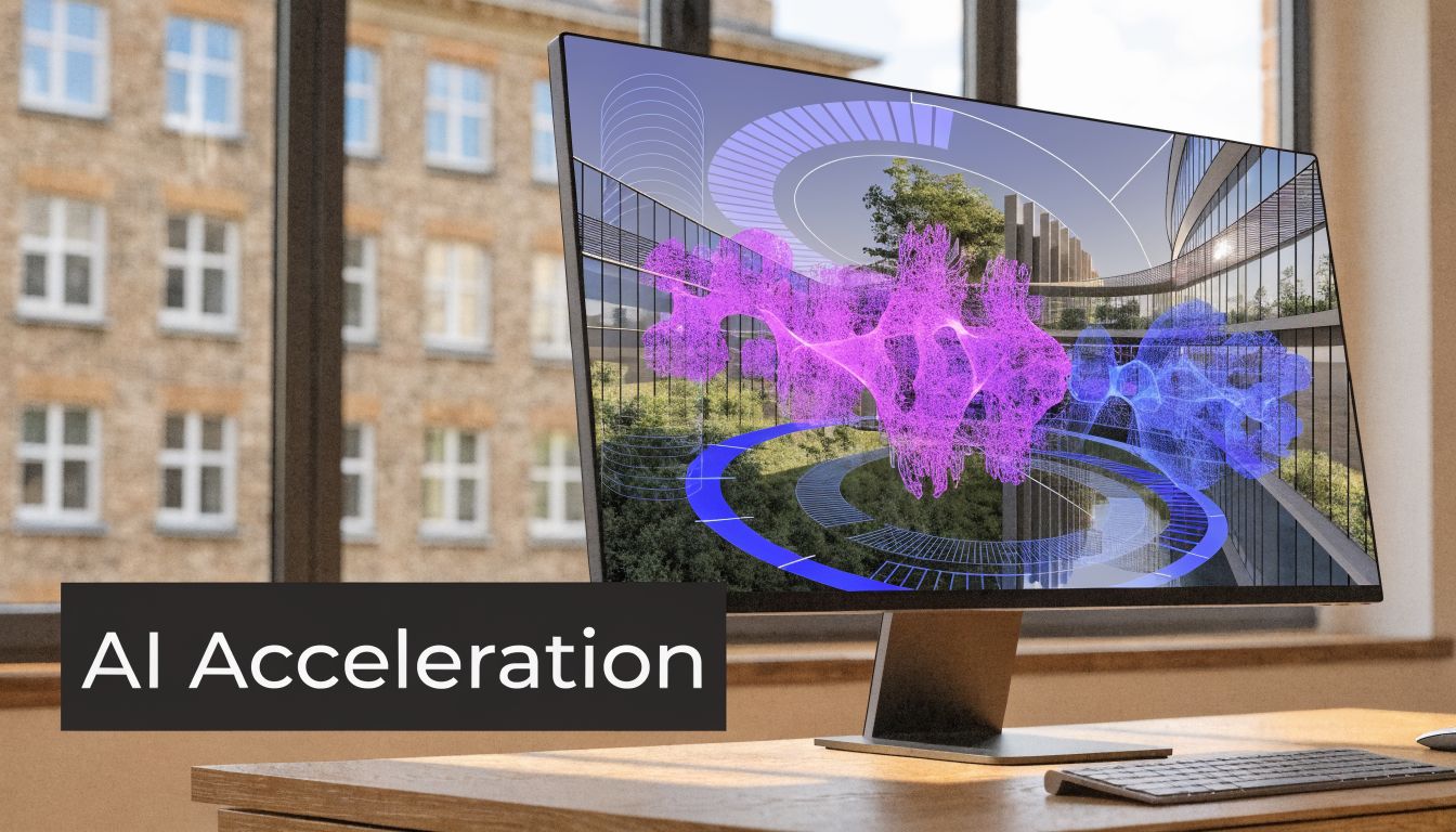 A sleek modern monitor displaying complex 3D digital architectural renderings and data visualizations in an office.