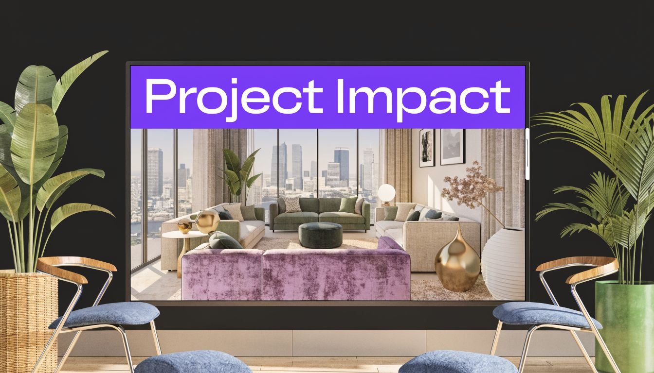 A large screen displaying a modern interior design 3d rendering situated between two decorative indoor plants.