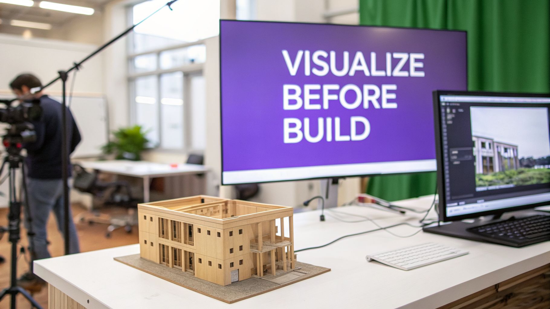 An architectural model on a desk with computers displaying 3D renderings and the text 'VISUALIZE BEFORE BUILD'.