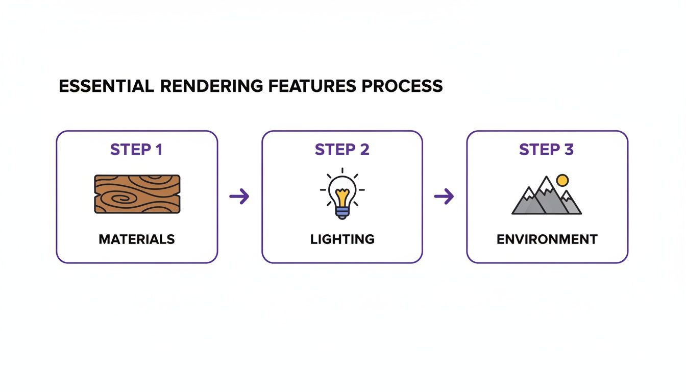 A three-step rendering process: materials (wood), lighting (bulb), and environment (mountains, sun).