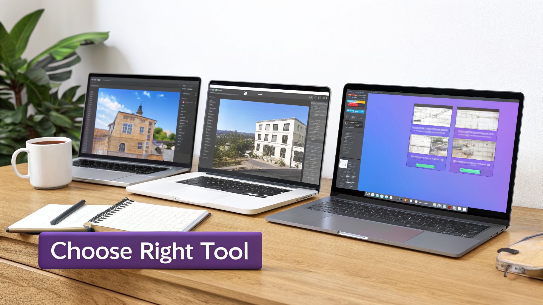 Three laptops on a desk displaying architectural 3D rendering software, with a coffee mug and notebooks.