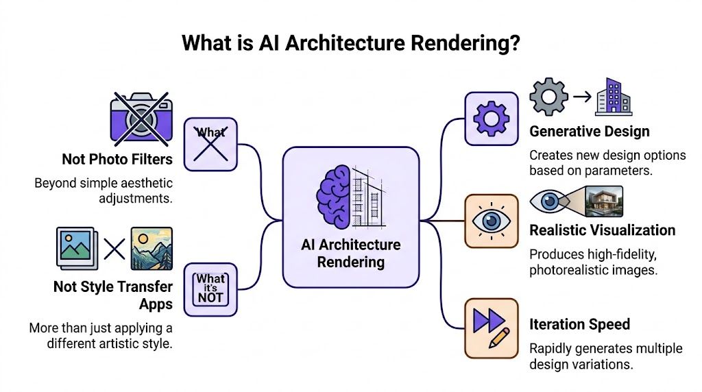 A diagram explaining AI architecture rendering, contrasting it with simple photo filters and style transfer applications.