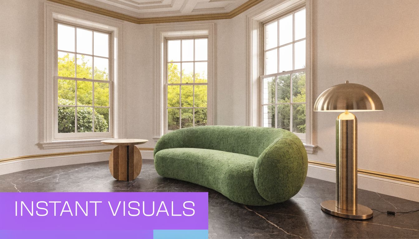 A modern curved green sofa and side table in a bright, elegant room with large windows.
