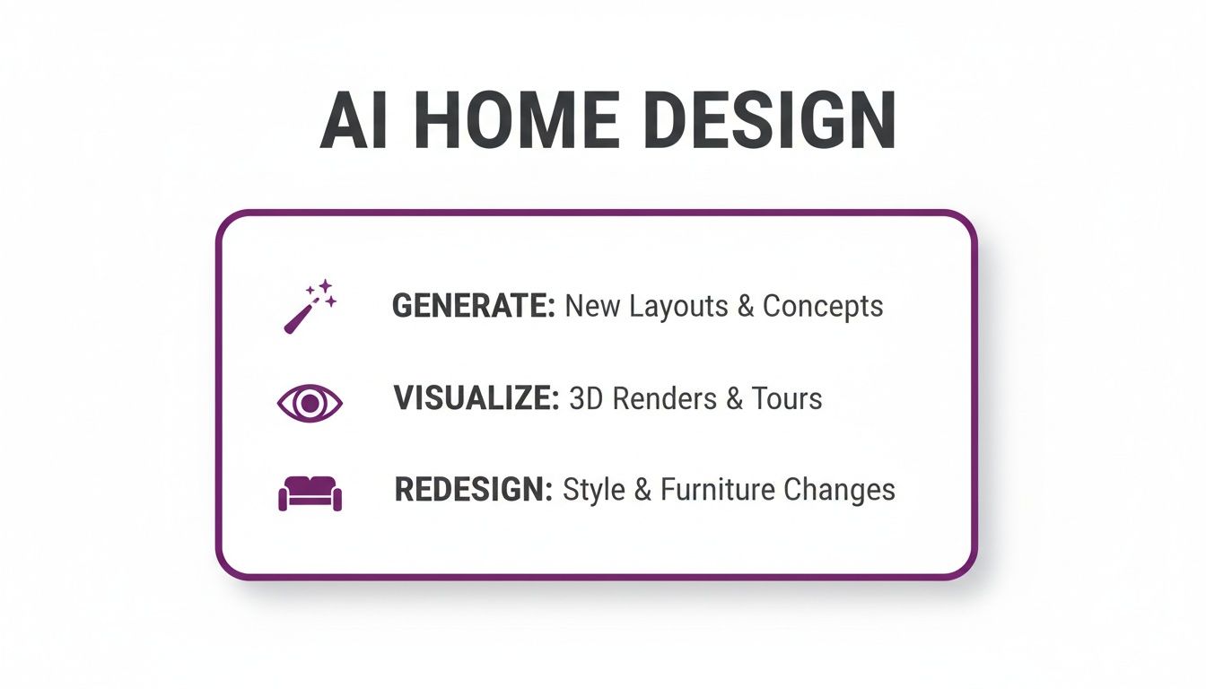 An infographic detailing AI home design features: generate layouts, visualize renders, and redesign styles.
