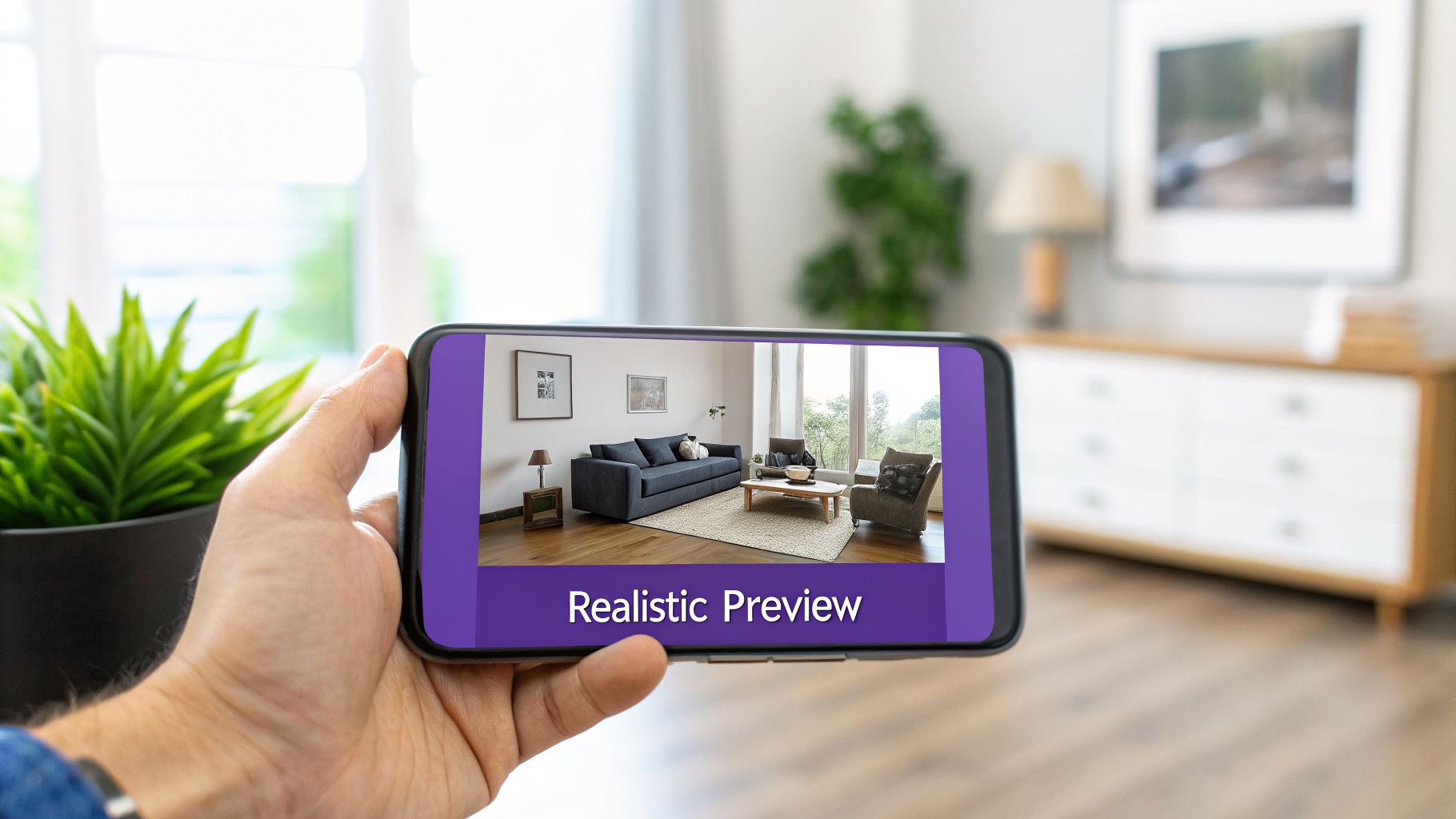A hand holds a smartphone displaying an AI-generated realistic preview of a living room with new furniture.