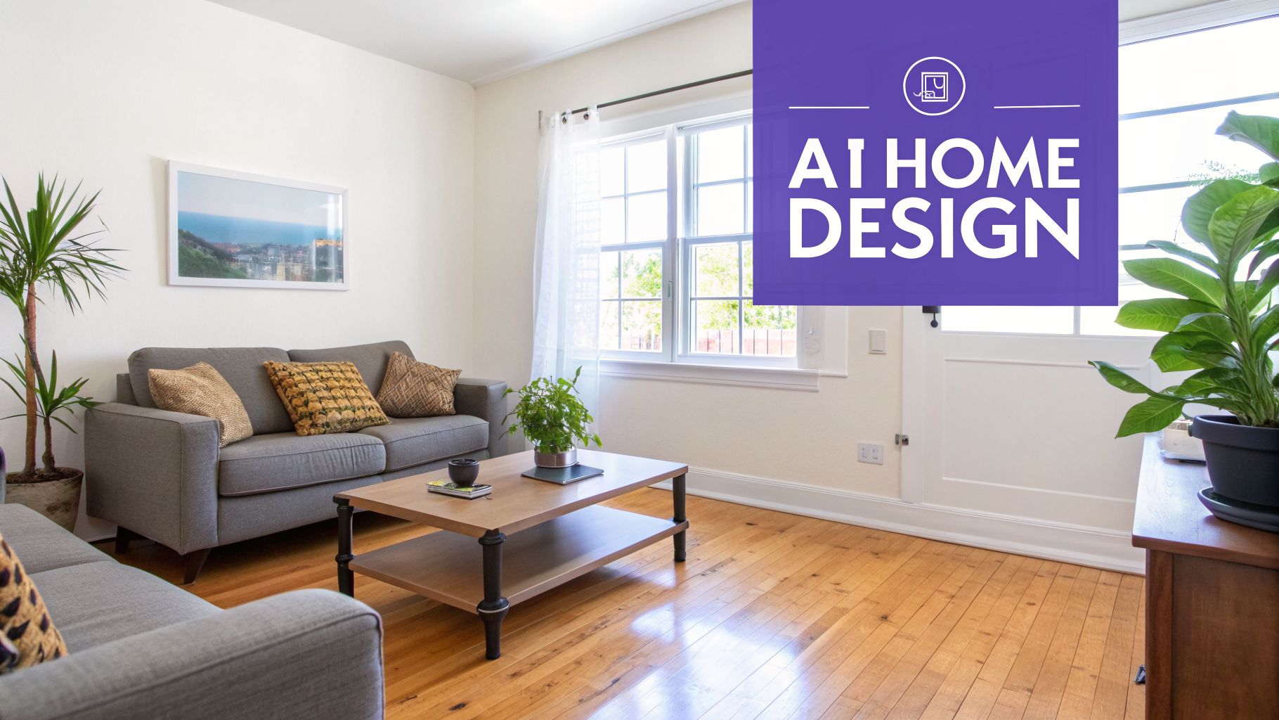 A bright living room with gray sofas, a wooden coffee table, plants, and a window.