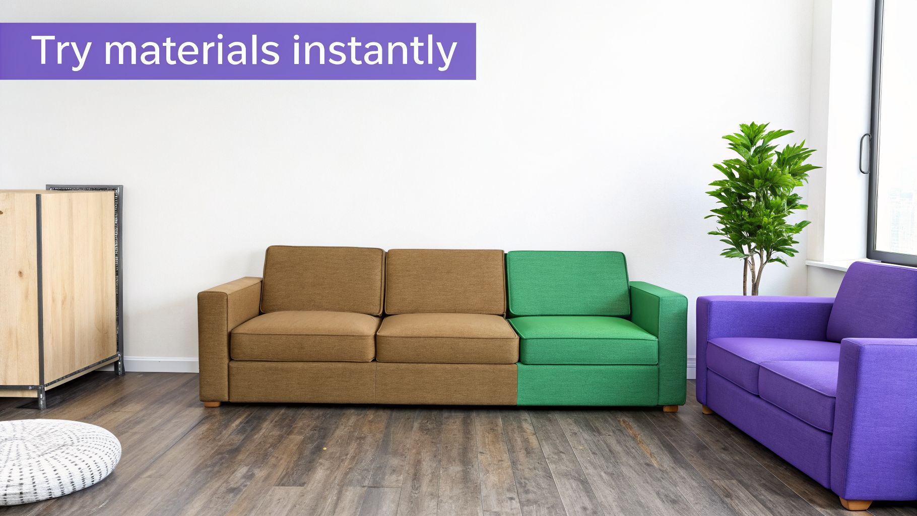 A modern living room featuring a brown and green sofa, a purple sofa, and a lush potted plant.