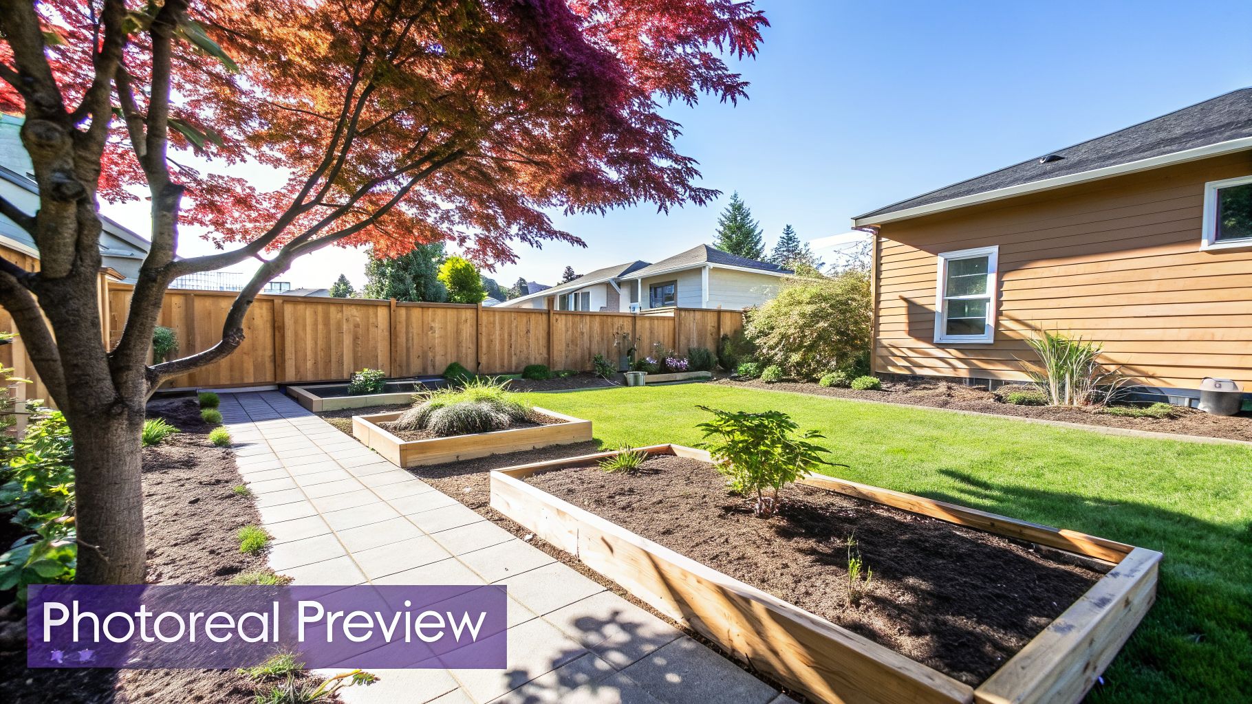 A vibrant backyard with green lawn, raised garden beds, a path, wooden fence, and a house.