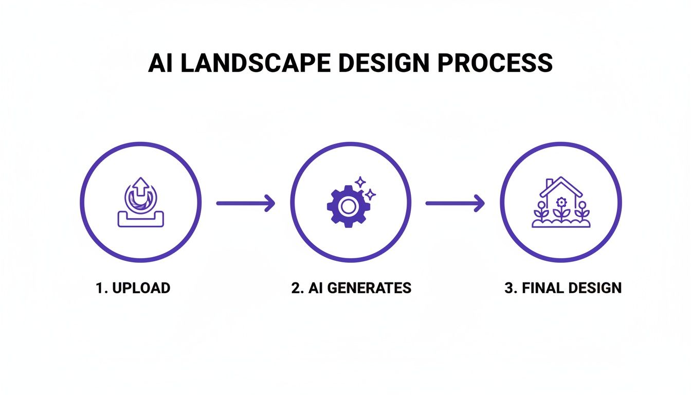 A diagram illustrating the AI landscape design process steps: Upload, AI Generates, Final Design.