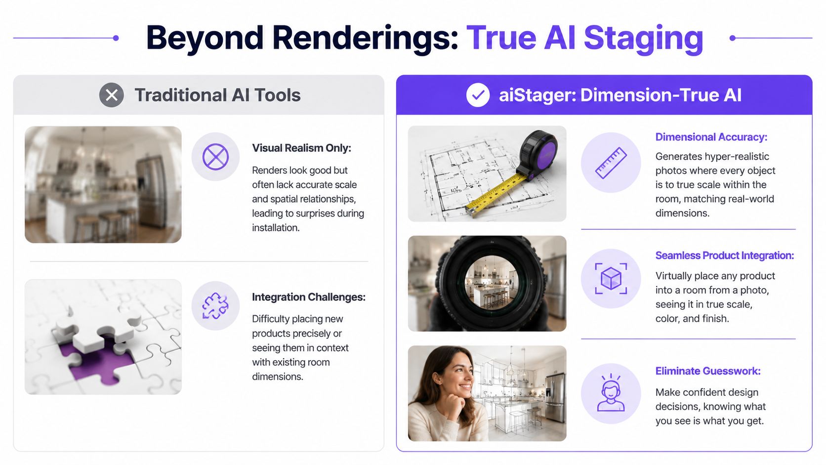 A comparison infographic showing the advantages of dimension-true aiStager over traditional AI design tools for interior staging.