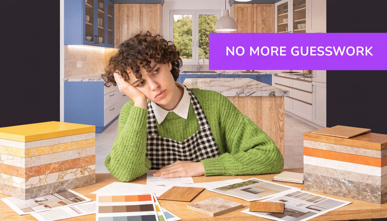 A person sitting at a desk with material samples and design plans, overwhelmed by kitchen renovation choices.