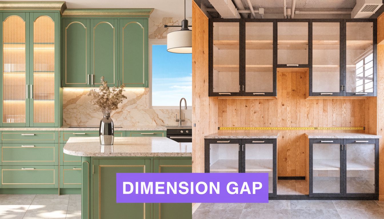 A comparison image showing a modern green kitchen and a rustic wooden cabinetry layout with a measurement gap.