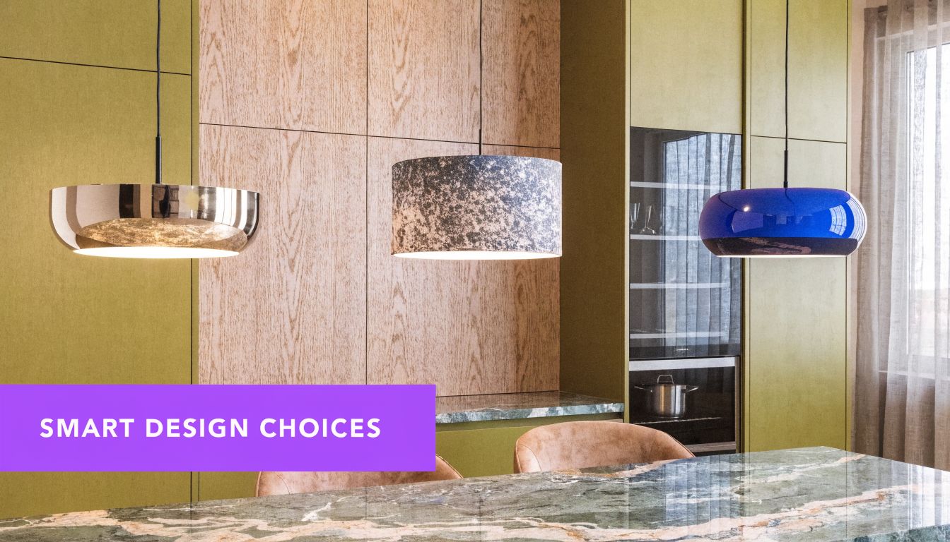 A modern kitchen interior featuring three unique pendant lights hanging over a green marble island countertop.