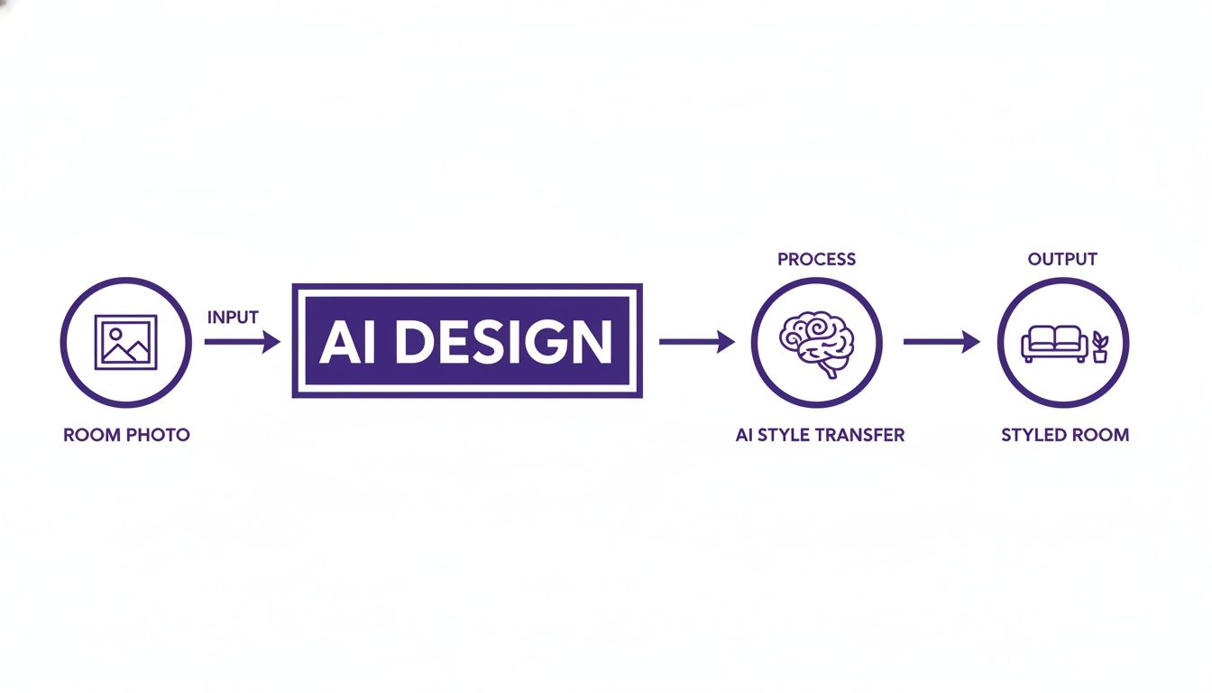 Flowchart showing AI design process from room photo input to styled room output using AI style transfer.