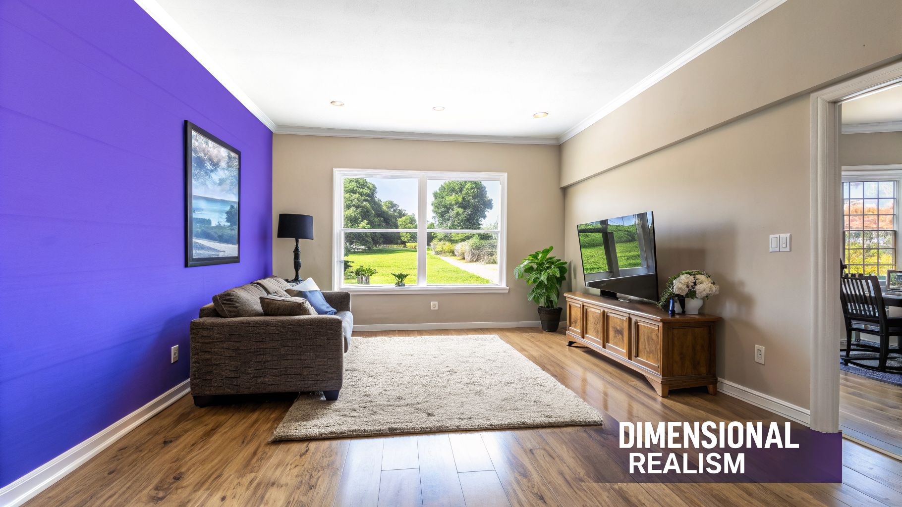 Spacious living room featuring a striking purple wall, comfortable sofa, and a scenic garden view.