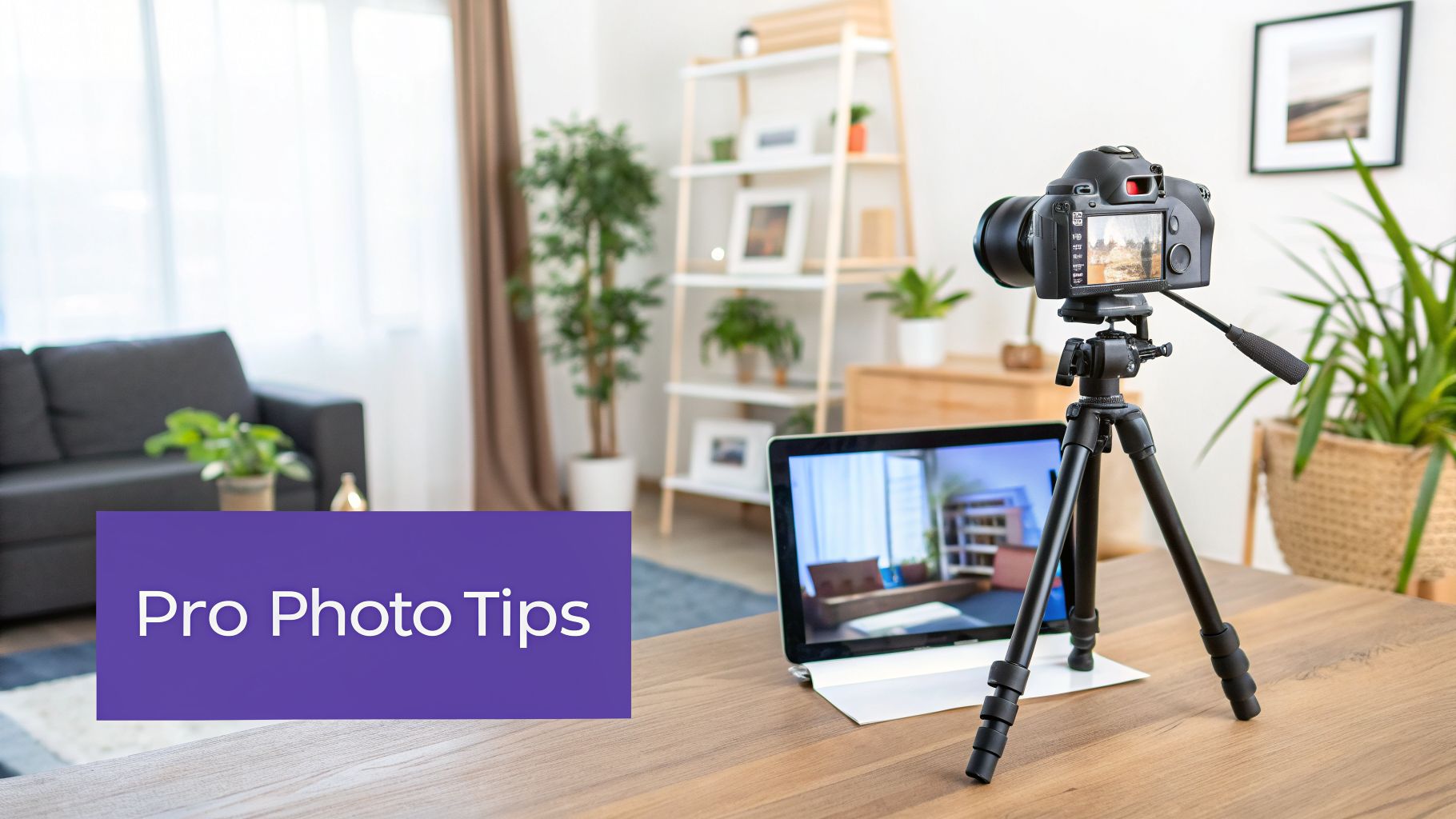 A camera on a tripod and laptop on a wooden table with a 'Pro Photo Tips' banner in a bright room.