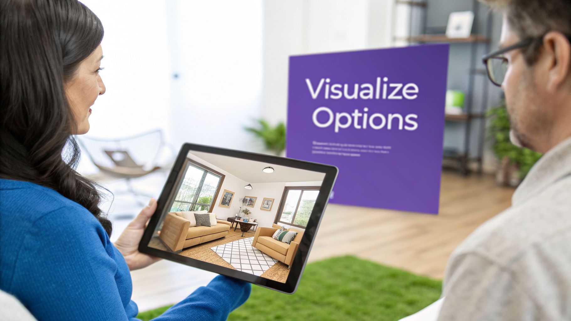 A woman holds a tablet displaying a virtual living room, with a 'Visualize Options' sign in the background.