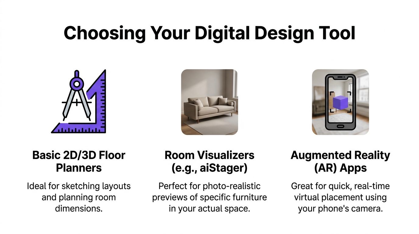 A graphic comparing three digital interior design tool categories: floor planners, room visualizers, and augmented reality apps.