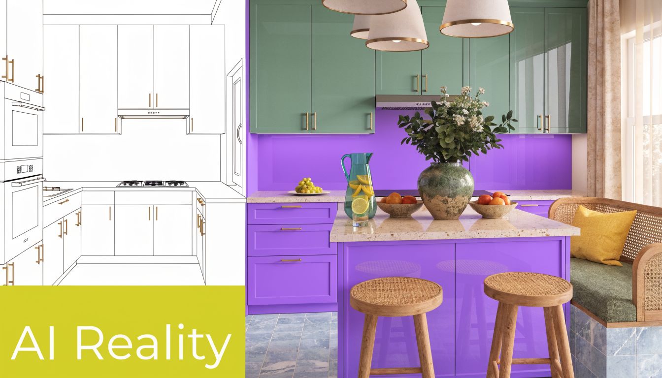 A split view showing a kitchen design sketch on the left and a vibrant photorealistic version on the right.