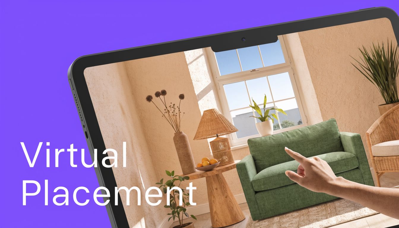 A hand using a tablet screen to virtually place a green sofa in a living room.