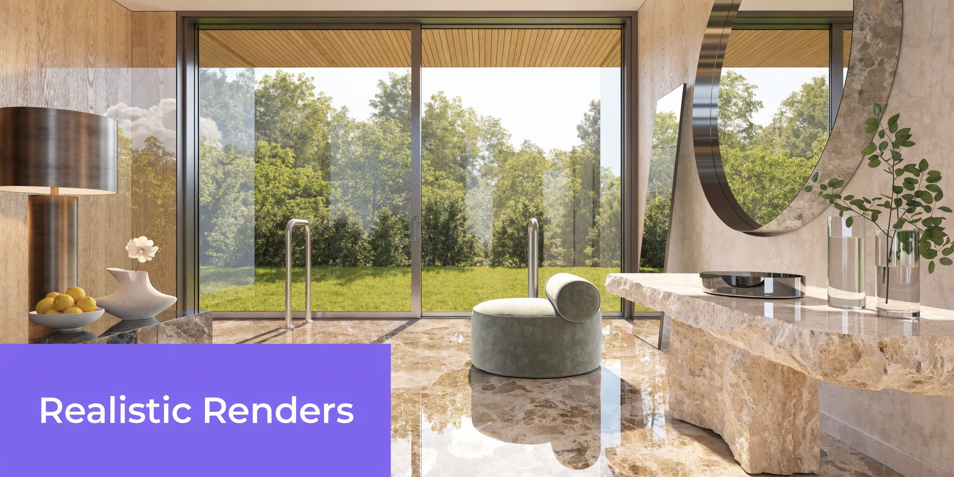A luxurious modern bathroom interior with marble floors and a scenic view of green forest trees.