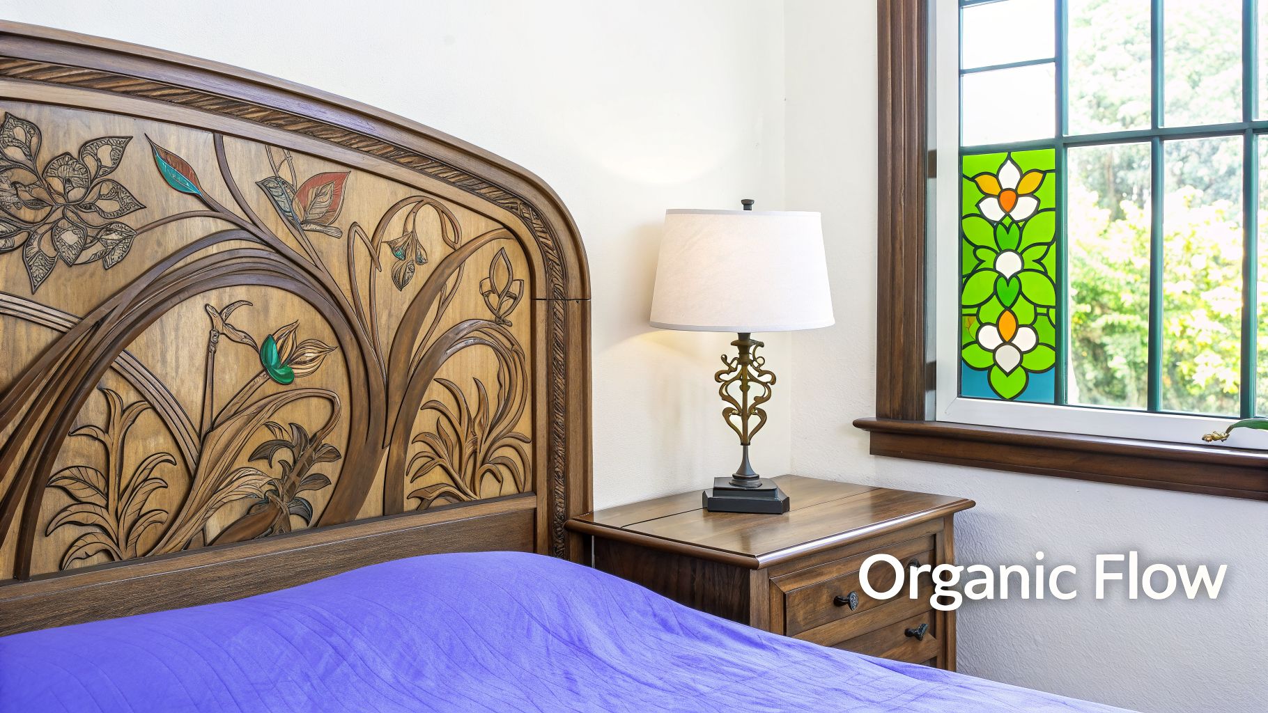 A bedroom featuring an ornate Art Nouveau wooden headboard, purple bedspread, nightstand, and stained glass window.