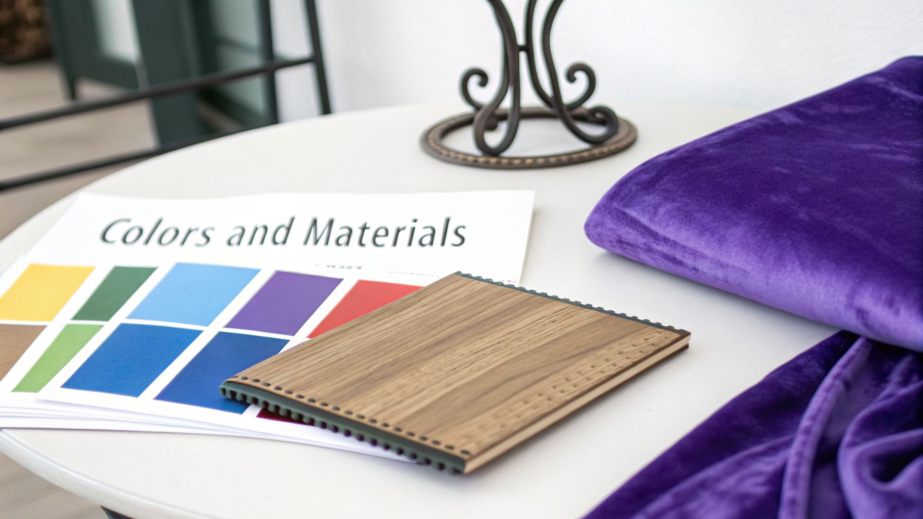 A design project layout with color swatches, a wooden sample, and purple velvet fabric on a table.