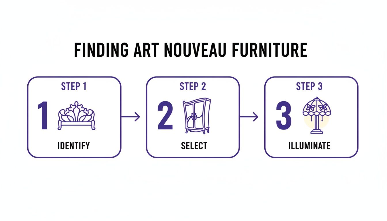 Three-step infographic illustrating how to find Art Nouveau furniture, showing identify, select, and illuminate with icons.