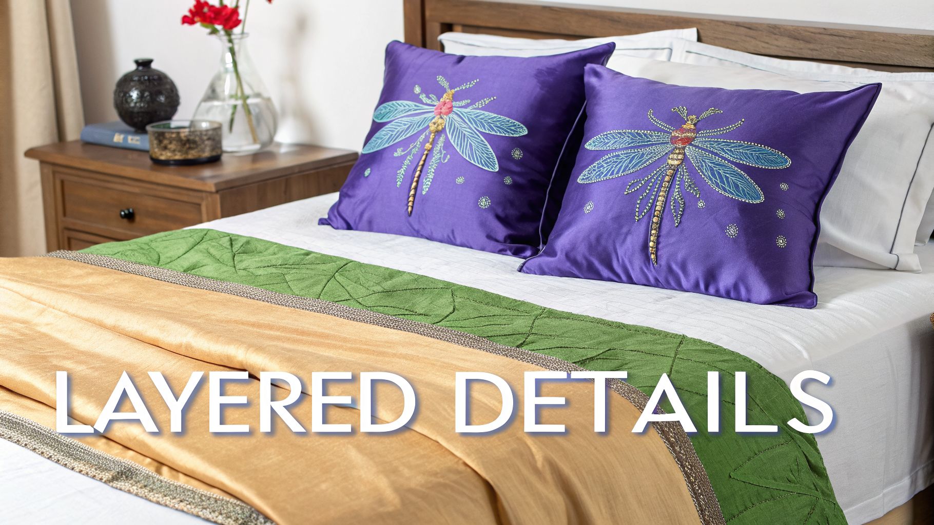 Elegant bedroom with purple dragonfly pillows, gold and green layered bedding, and a wooden nightstand.