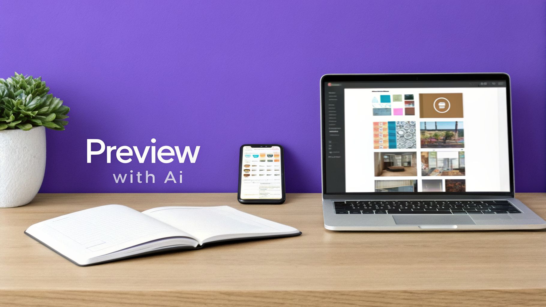 A modern desk setup with a laptop, smartphone, notebook, and plant, showcasing AI design previews and color palettes.