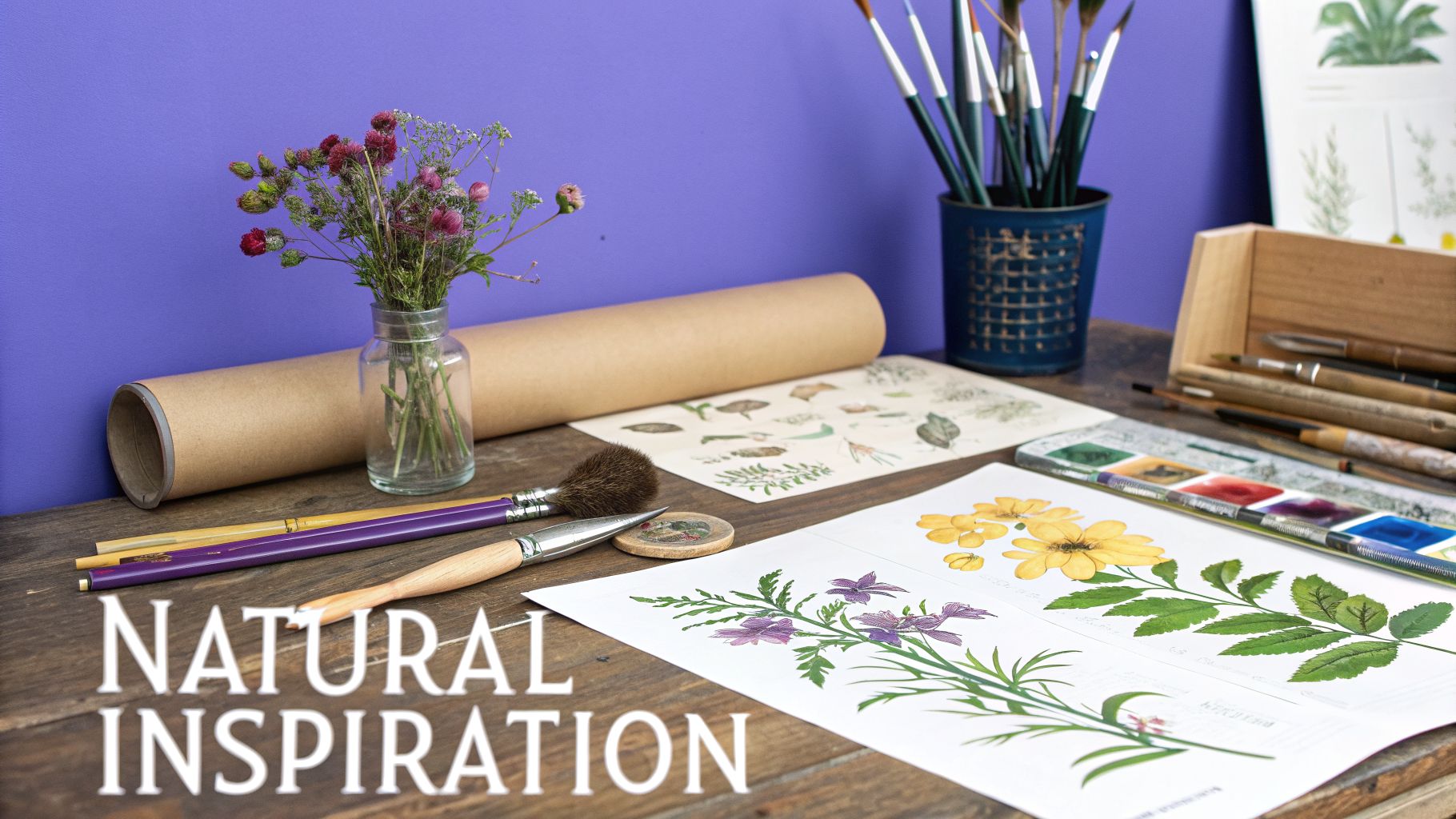 An artist's workspace featuring botanical illustrations, watercolor paints, brushes, and a vase of fresh wildflowers on a wooden desk.