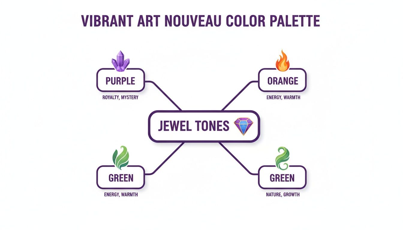 Art Nouveau jewel tone color palette with purple, orange, and green shades and their symbolic meanings.