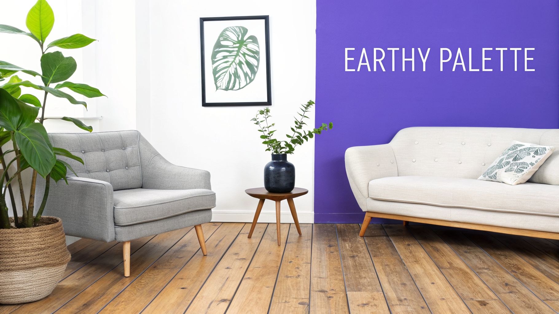 A modern living room with a grey armchair, cream sofa, green plants, and a purple accent wall.