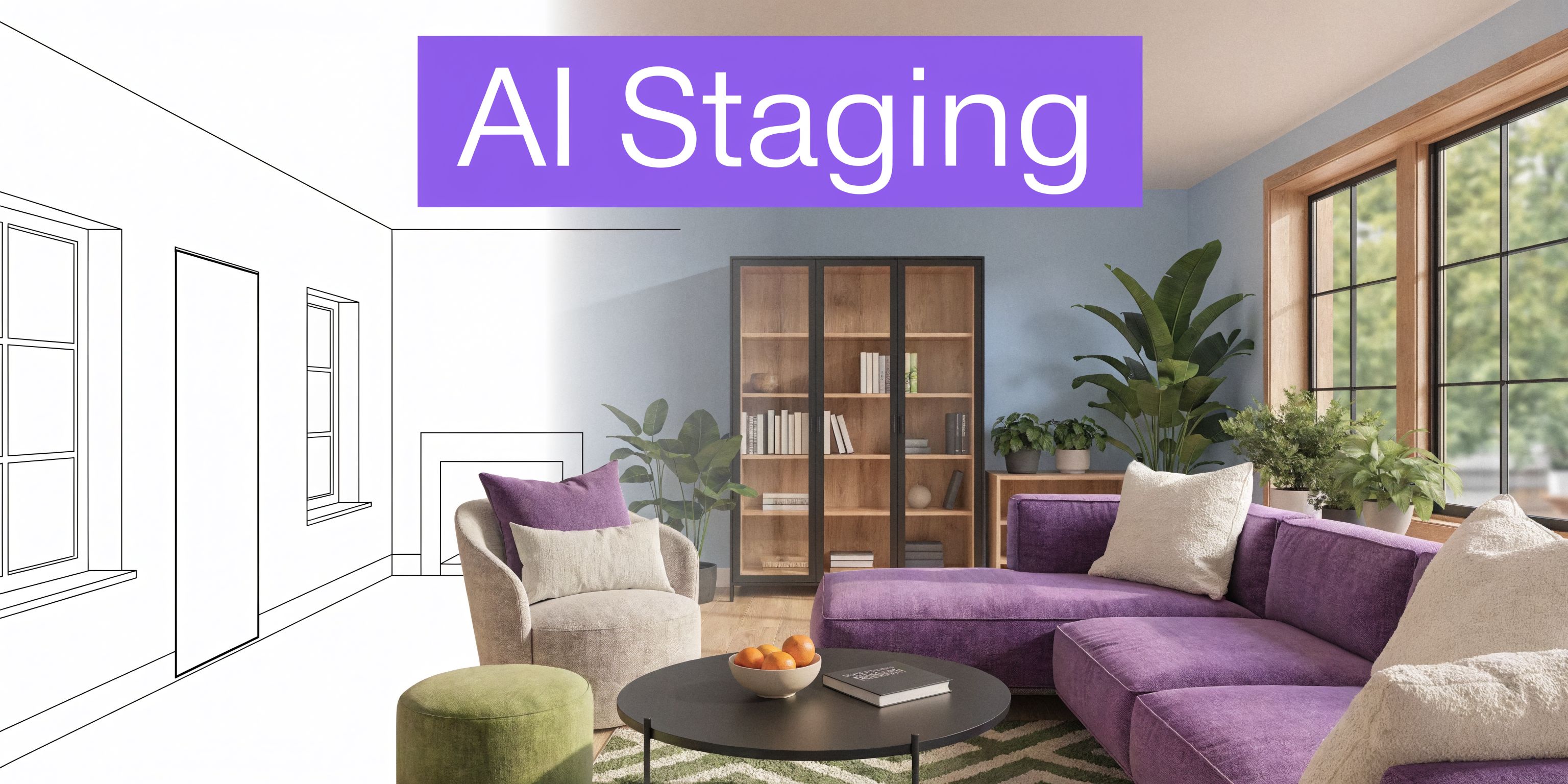 A split view showing an autocad room layout drawing transitioning into a fully furnished purple living room.
