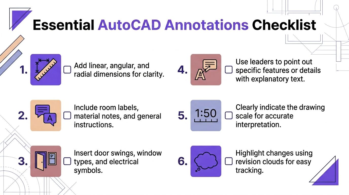 A checklist for essential AutoCAD annotations featuring six key steps for drafting technical drawings and floor plans.