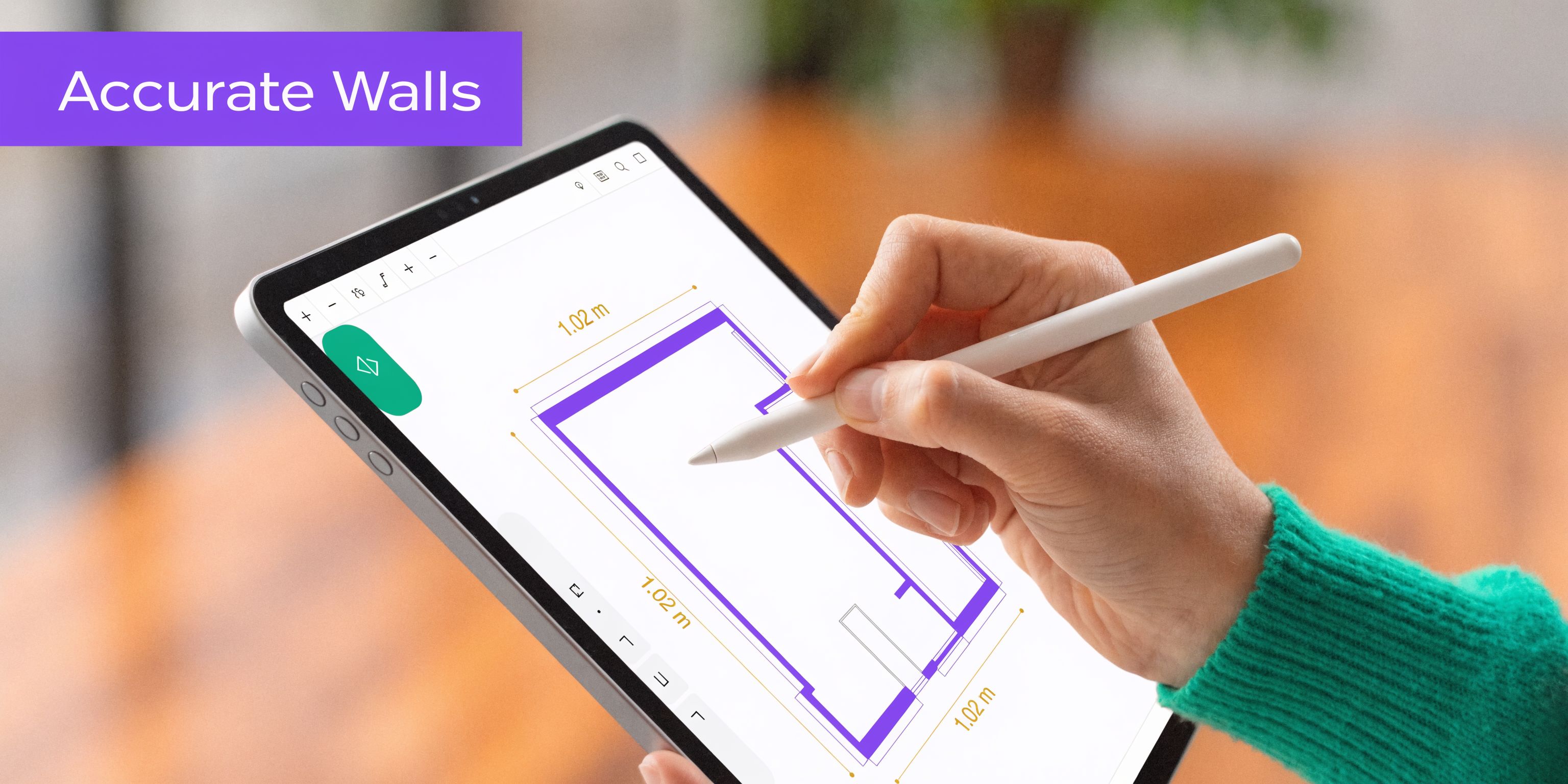 A person uses a stylus on a tablet screen to draw a precise floor plan room layout.