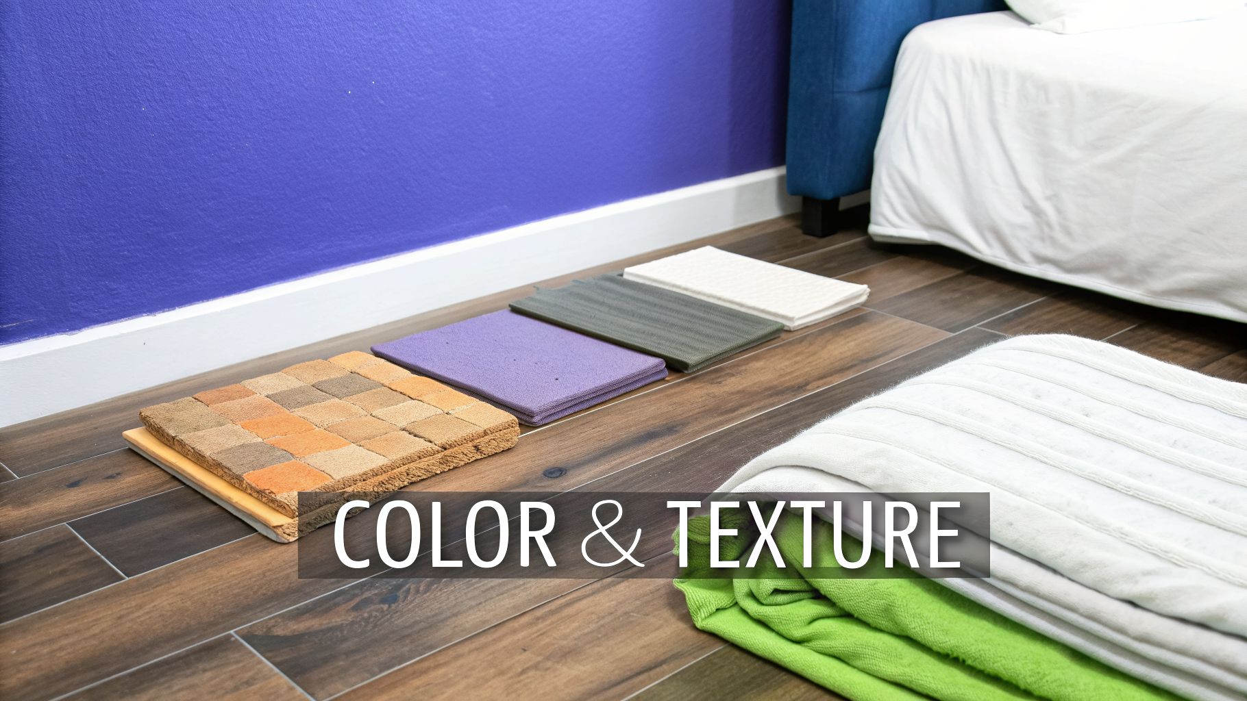 Various color and texture samples are neatly arranged on a wooden floor, showcasing design elements.