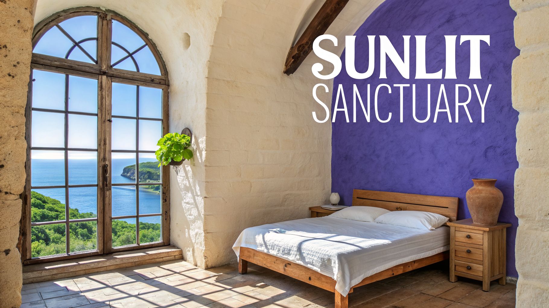 A bright, sunlit bedroom with an arched window offering stunning ocean and cliff views, featuring a cozy bed.