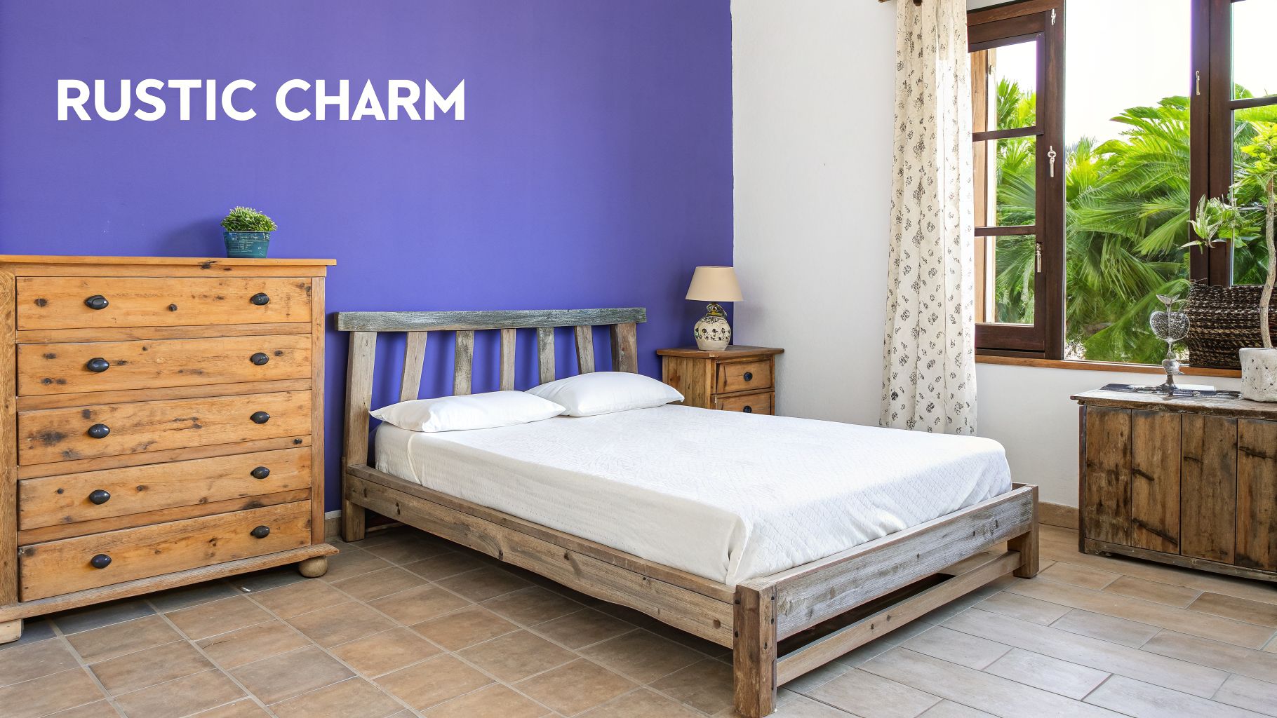 A cozy bedroom with a white bed, rustic wooden furniture, a vibrant purple accent wall, and a tropical window view.
