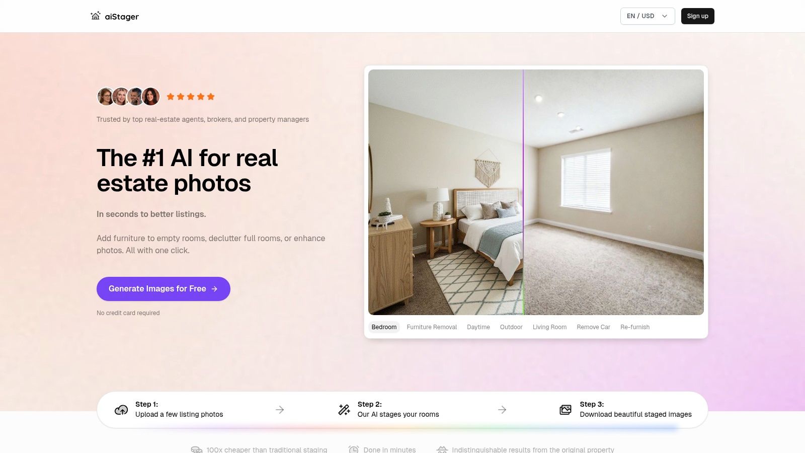 An AI-generated image showing a virtually staged living room with modern furniture, demonstrating the capabilities of aiStager.