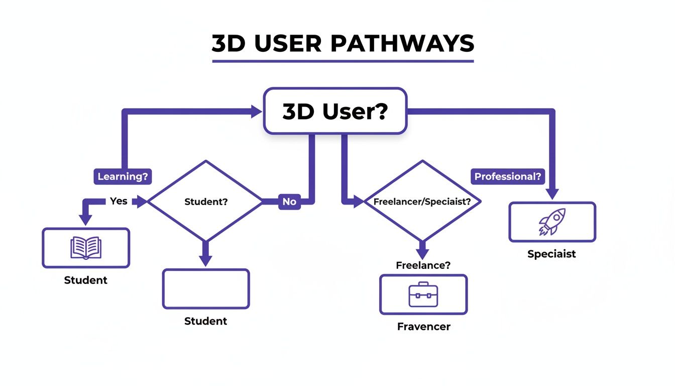 A flowchart titled '3D User Pathways' illustrating user categories like students, freelancers, and specialists.
